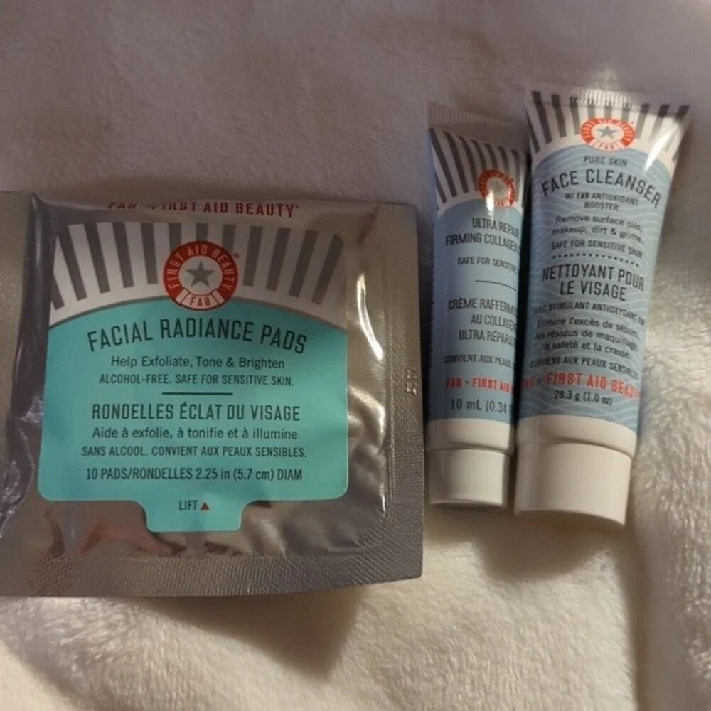 First Aid Beauty Cosmetic bag with three trial size products
